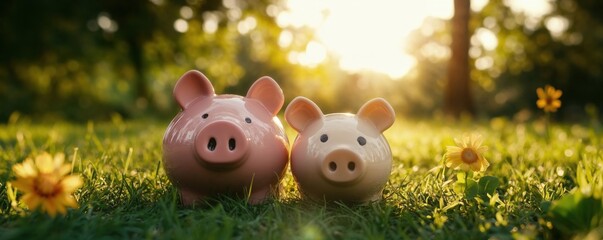 Two piggy banks on grass at sunset with sunflowers, pink and white ceramic money boxes in golden hour light. Financial savings concept with natural outdoor setting and warm lighting. 8k banner