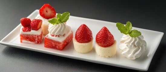 Strawberry Desserts with Cream Diplomat Mint Garnish Elegant Plating on White Rectangular Dish
