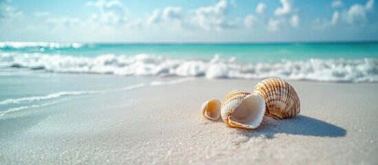 Closeup of various seashells scattered on pristine white sandy beach under a clear blue sky with gentle ocean waves in the background