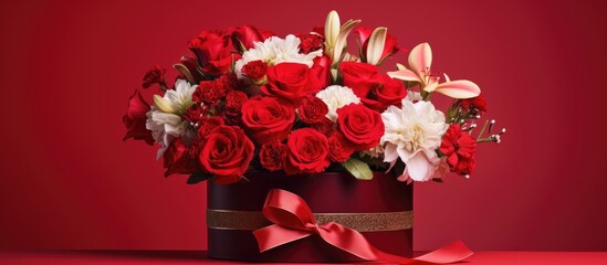 Luxury red flower box arrangement perfect for holiday gifts showcasing vibrant blooms on a striking red backdrop with elegant ribbon detail.