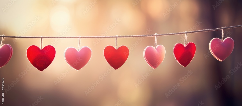 Poster hanging hearts on a string with a soft blurred background creating a romantic and dreamy atmosphere 