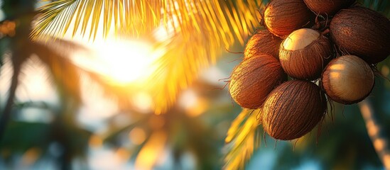 Coconut tree fruits glistening in sunlight with vibrant tropical background showcasing nature's beauty and lush greenery.