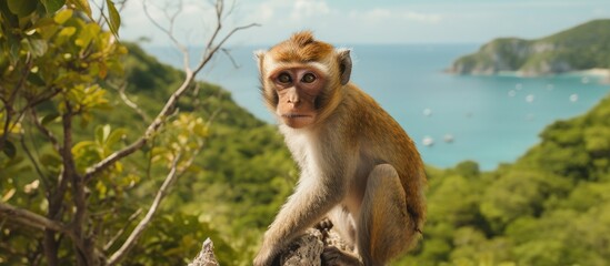 Naklejka premium Primate on Koh Samui Island overlooking the scenic Mu Ko Ang Thong National Park in Thailand with lush greenery and ocean views.
