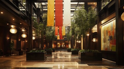 Fototapeta premium Elegant Modern Lobby Design with Striking Banners and Lush Greenery in a Contemporary Hotel Interior Setting