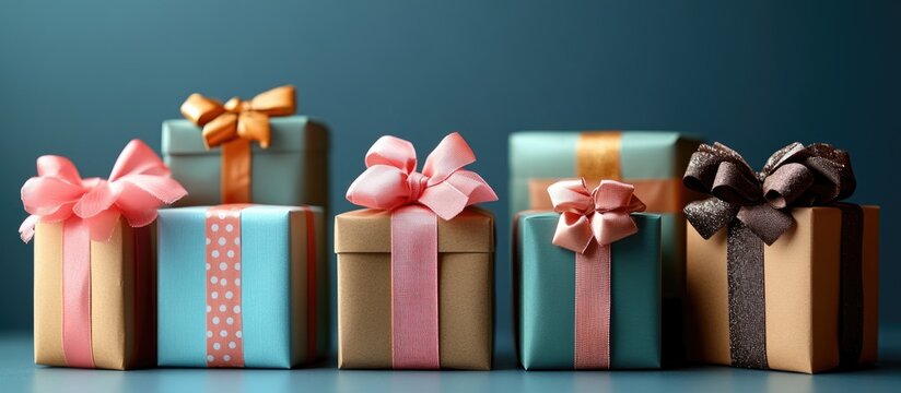 Colorful gift boxes with elegant ribbons and bows arranged on a table against a blue background for festive celebrations and gifting ideas
