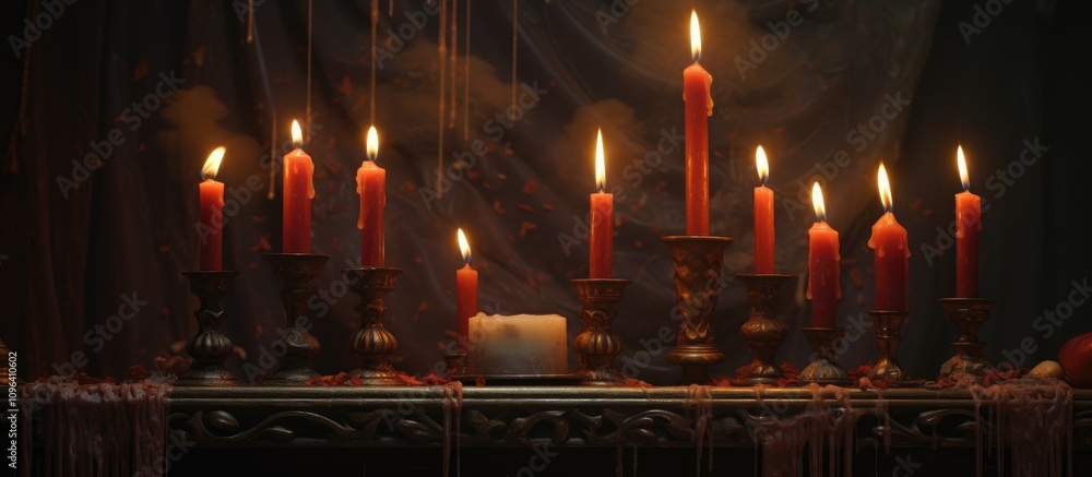 Poster candlelit still life featuring multiple red candles in elegant holders creating a warm and mystical 
