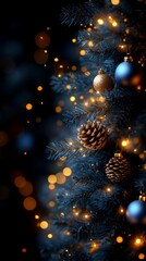Christmas background with fir branches pine cones and lights on a bokeh background. Place for text. Copy space. Greeting card.