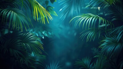 Tropical palm leaves in lush jungle setting. Deep teal and emerald green foliage creates mysterious rainforest atmosphere with natural bokeh effect and dramatic lighting. 8k desktop wallpaper