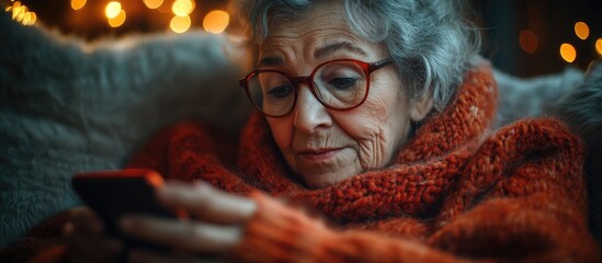 Elderly woman using smartphone at home during holidays feeling nostalgic in cozy atmosphere with festive lights in the background
