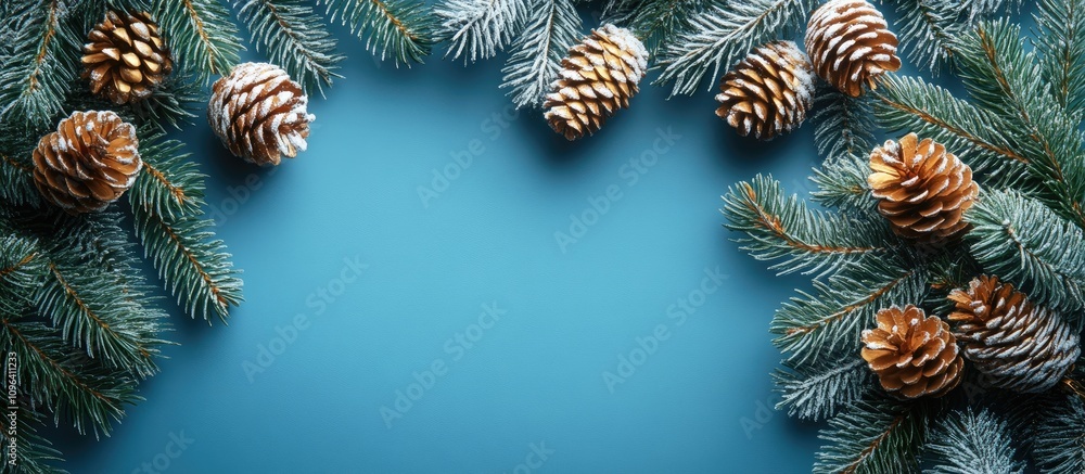 Poster artistic minimal christmas greeting card design featuring pinecones and fir branches on a blue backg