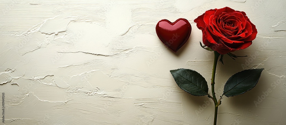 Aufkleber red rose and heart shape on textured white background with ample copy space for romantic messages in
