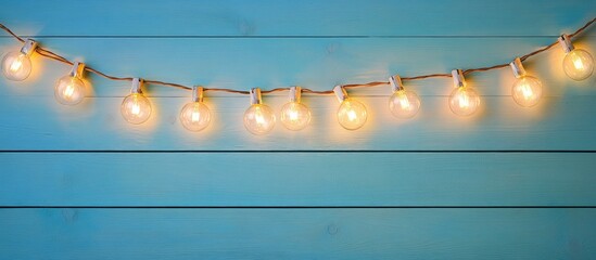 Christmas garland lights glowing on a blue wooden surface creating a festive atmosphere with ample copy space for text or designs