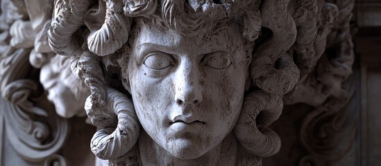 Fototapeta premium Medusa's head sculpture as an architectural element showcasing classical design and intricate detailing in stone work.