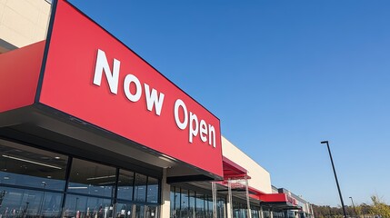 Bright Red Signage Announces Opening of New Retail Store Under Clear Blue Sky with Modern Architectural Design and Large Glass Windows