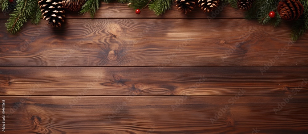 Aufkleber rustic christmas background with fir tree branches and pine cones on a wooden table creating a warm 