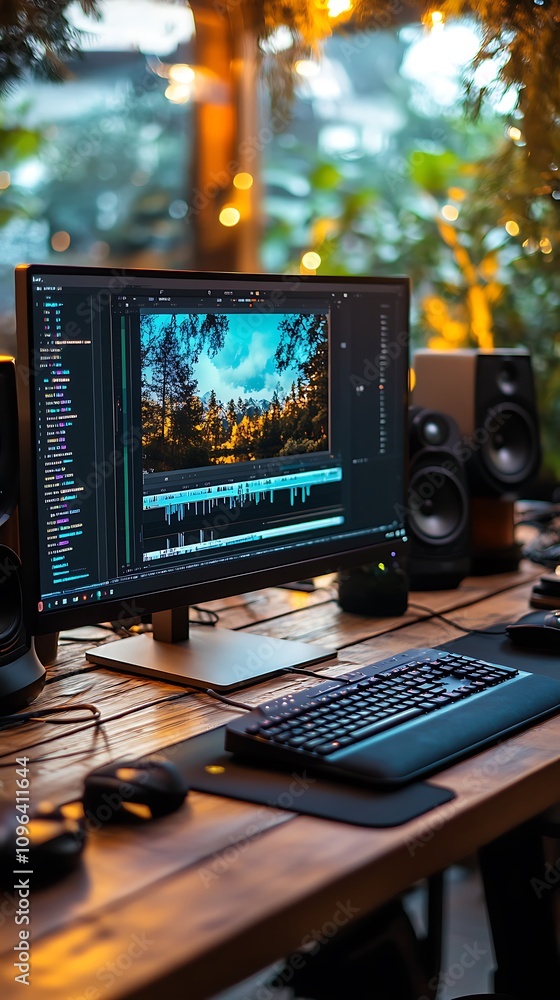 Poster creative workspace with computer showing video editing software and equipment.