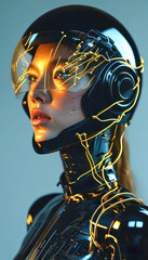 Female android in shiny black cyberpunk helmet, AI concept, cyborg