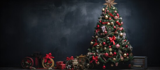 Festively decorated Christmas tree with ornaments and gifts set against a dark backdrop ideal for holiday-themed ads and backgrounds