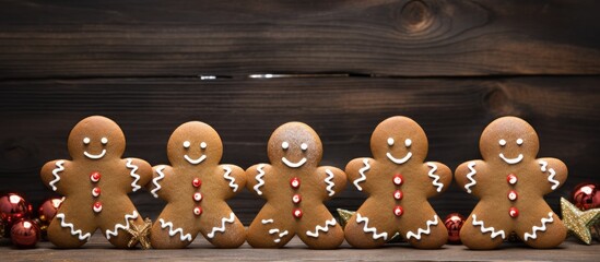 Gingerbread man cookies arranged in a decorative frame on a rustic wooden table capturing the essence of traditional holiday baking.