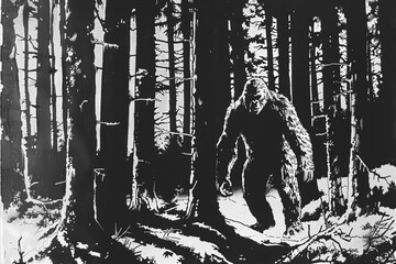 Huge fantasy hairy yeti character in outdoor nature background