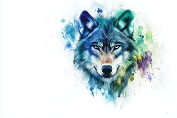 Artistic wolf tattoo in watercolor style with blue, green, and purple splashes