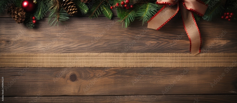 Aufkleber rustic christmas frame with burlap ribbon and tree branches on a wooden backdrop creating a warm hol