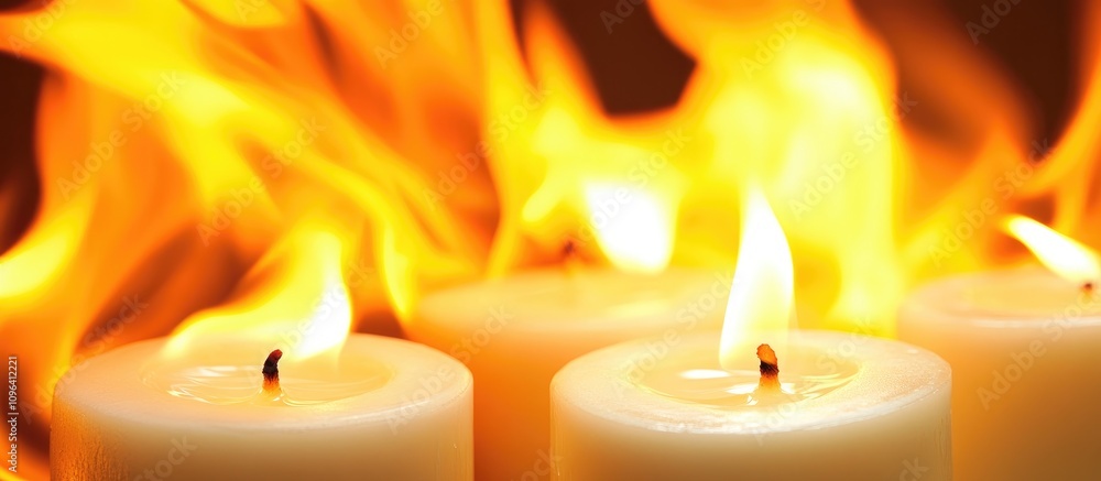 Poster macro view of flickering candle flames surrounded by dynamic fire backdrop creating a warm and invit
