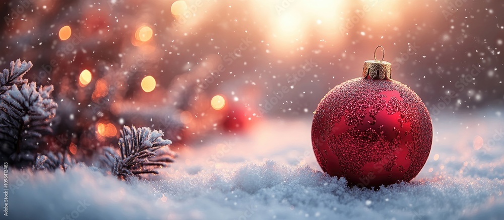 Poster festive red christmas ornament on snowy ground with soft bokeh lights and gentle snowfall creating a