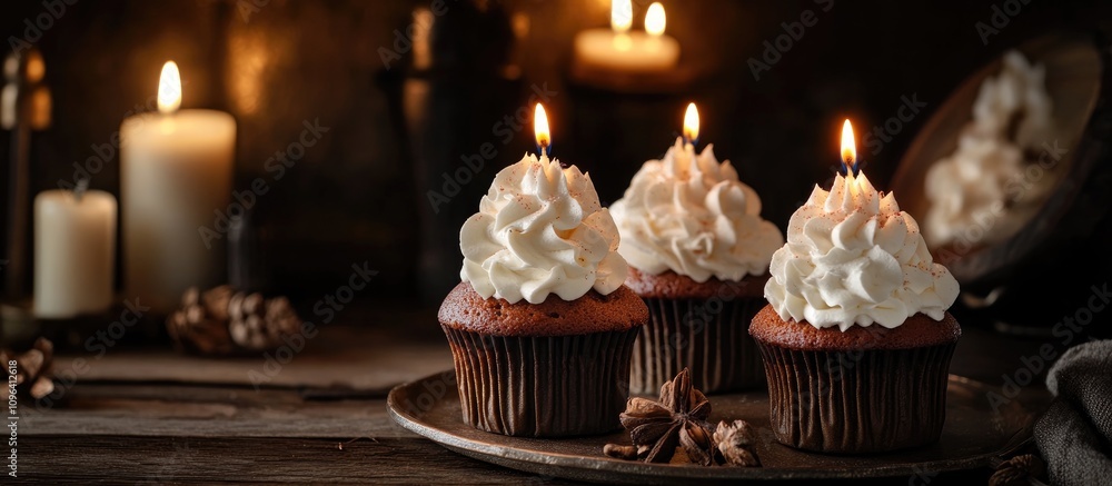 Aufkleber decorative cupcakes with whipped cream and lit candles creating a warm and inviting atmosphere for c