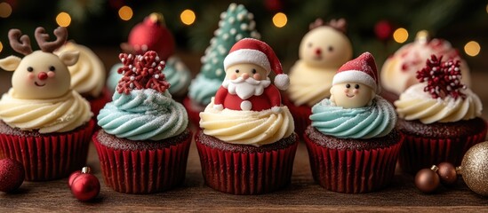 Festive holiday cupcakes designed as Santa reindeer and angel with colorful frosting and decorative toppings on a rustic wooden table