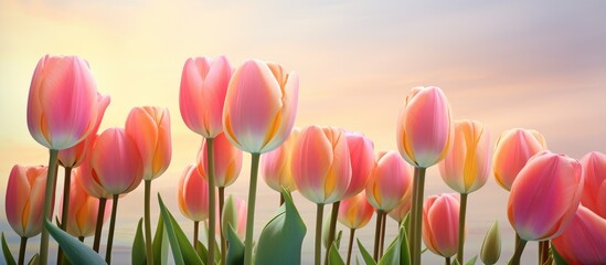 Fototapeta premium Colorful tulips blooming in spring light against a soft pastel sky creating a serene floral landscape perfect for seasonal themes