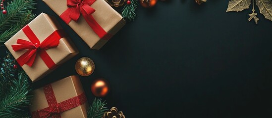 Christmas greeting card background featuring golden ornaments, gift boxes, and fir tree decor on a black surface with festive holiday elements