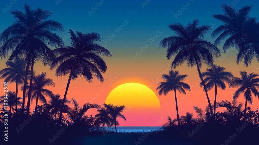 Poster a beautiful sunset over a beach with palm trees in the background