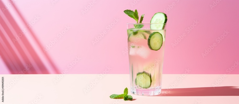 Poster refreshing cucumber mint mocktail on pink backdrop showcasing summer vibes and minimalism with styli