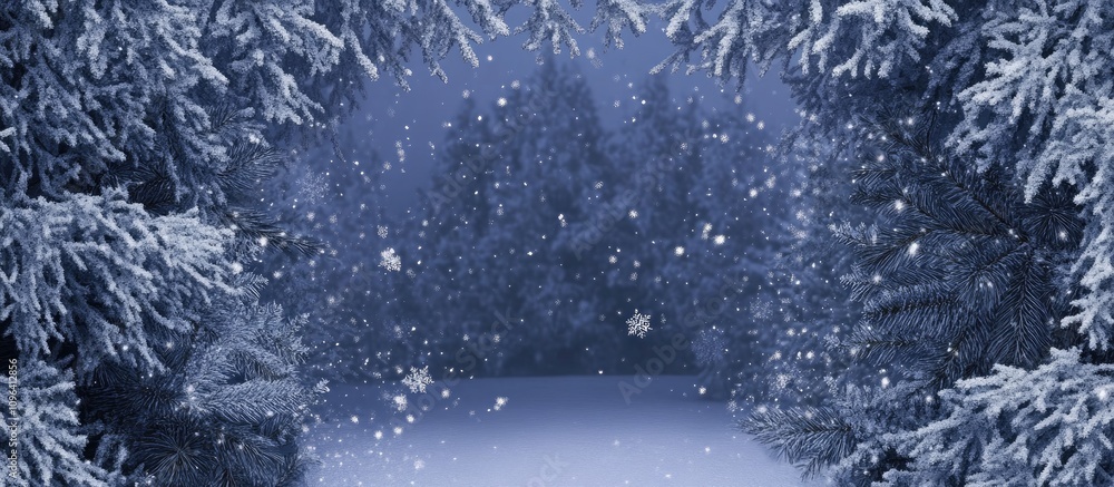 Poster winter wonderland background with snowflakes and frosted trees creating a serene space for text or s