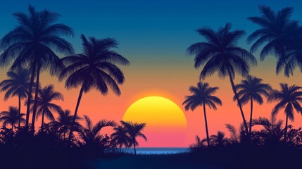 A beautiful sunset over a beach with palm trees in the background