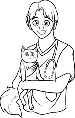 Veterinarian holding a cat line art