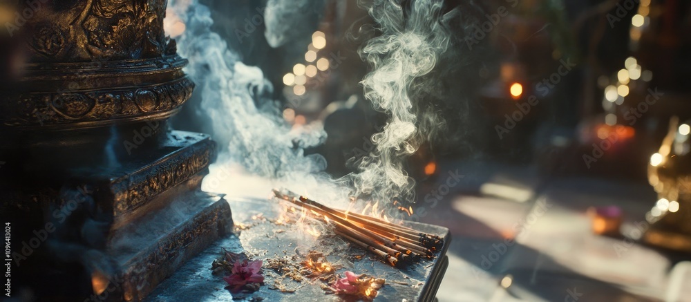 Aufkleber incense sticks burning at a serene shrine surrounded by soft smoke and warm light creating a tranqui