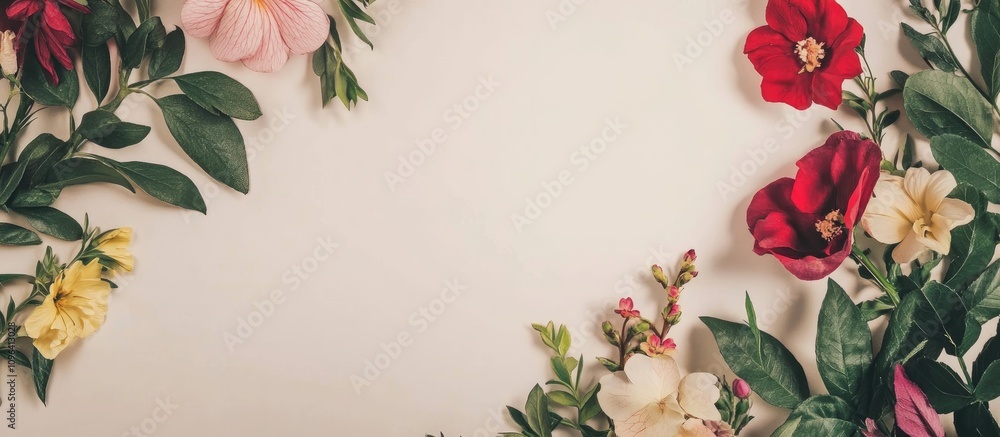 Aufkleber floral border with vibrant flowers and leaves in a flat lay design creating ample space for text or 