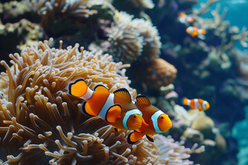 Fantastically beautiful bright clownfish swims in deep sea among corals