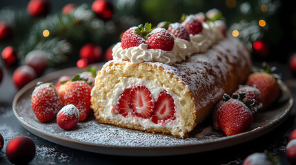Strawberry cream roulade on a cake plate, fresh strawberries and whipped cream around, cheerful christmas kitchen vibe
