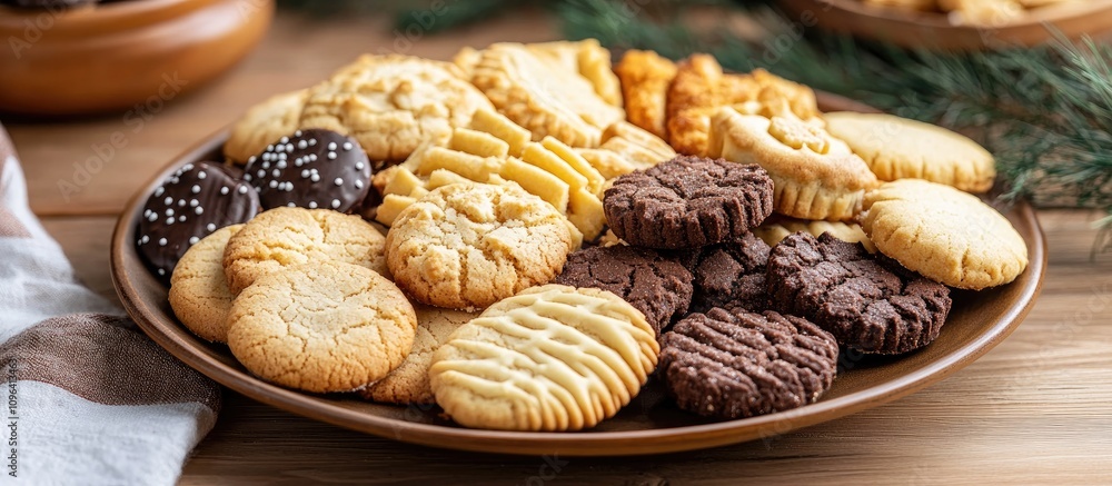 Poster assorted homemade cookies arranged on a rustic wooden table ready for serving or sharing during a co