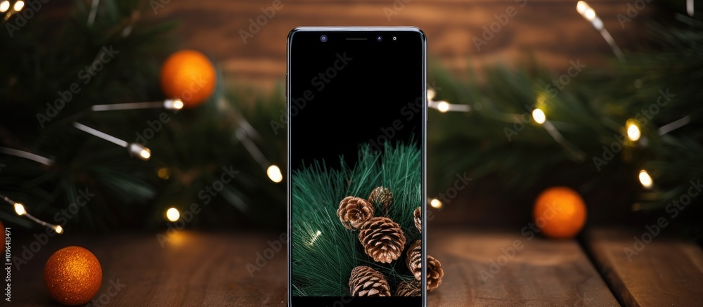 Aufkleber smartphone with green screen on wooden surface surrounded by pine cones and dried oranges with festi