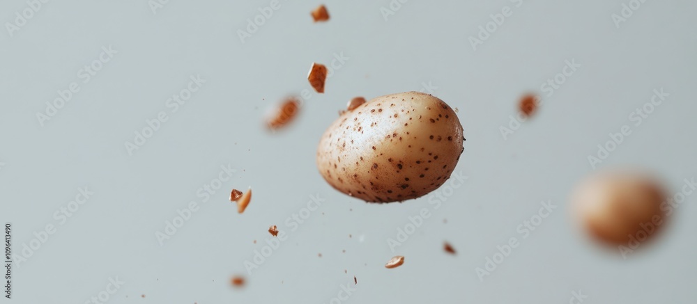 Poster close-up of a fresh new potato isolated on a light background with scattered skin fragments highligh
