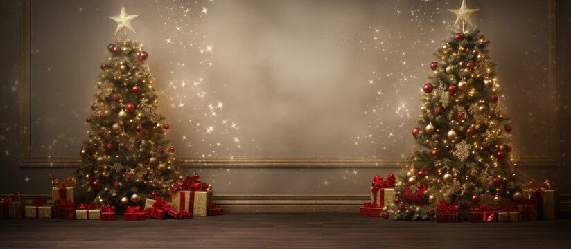 Festive New Year backdrop with decorated Christmas trees and sparkling lights creating a warm holiday ambiance for photo shoots and celebrations