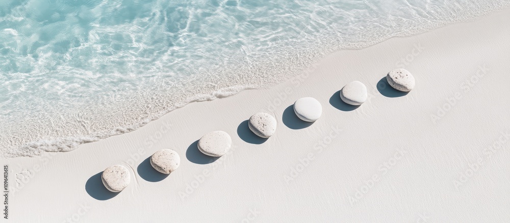 Aufkleber White pebbles arranged in a line on a sandy beach with clear water creating a serene coastal atmosphere ideal for text placement