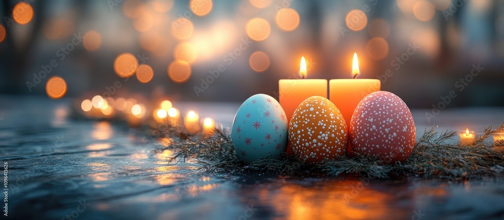 Aufkleber easter eggs and candles with soft bokeh background creating a festive and serene atmosphere for spri