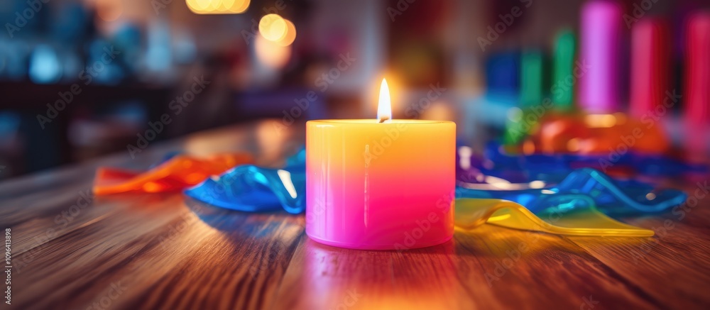 Poster vibrant multicolored candle illuminated on a wooden table surrounded by colorful decor creating a wa