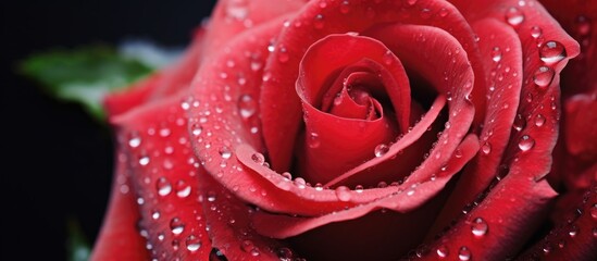 Naklejka premium Close-up of a vibrant red rose petals adorned with glistening dewdrops against a dark background highlighting natural beauty and freshness.