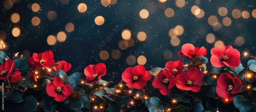 Aufkleber dark festive backdrop with red begonia flowers and golden bokeh lights ideal for new year and christ
